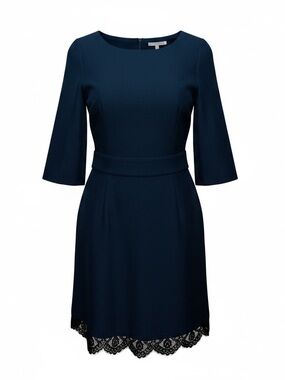NEW Laura Bettini Elegant Navy Waist Tie Lace-Hem Dress